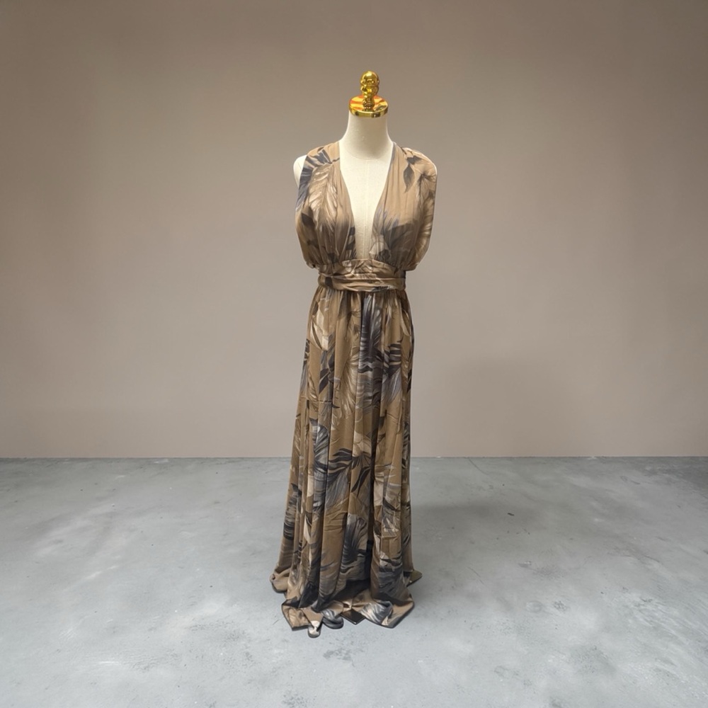 Neutral Tropical Print Halter Maxi Dress